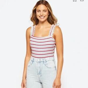 ☀️Heatherly Raina Striped Ruffle Strap Knit Bodysuit Multi Women's Size LP NWT